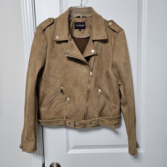 Vigoss Faux Suede Biker Jacket Women's Large Brown Pockets Gold Zipper Belted - Picture 1 of 9